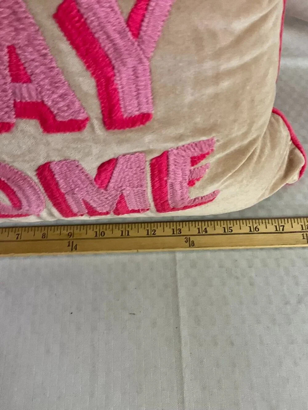Unbranded Let's Stay Home Throw Pillow 17x17 Beige Pink Velvet Embroidered Decor